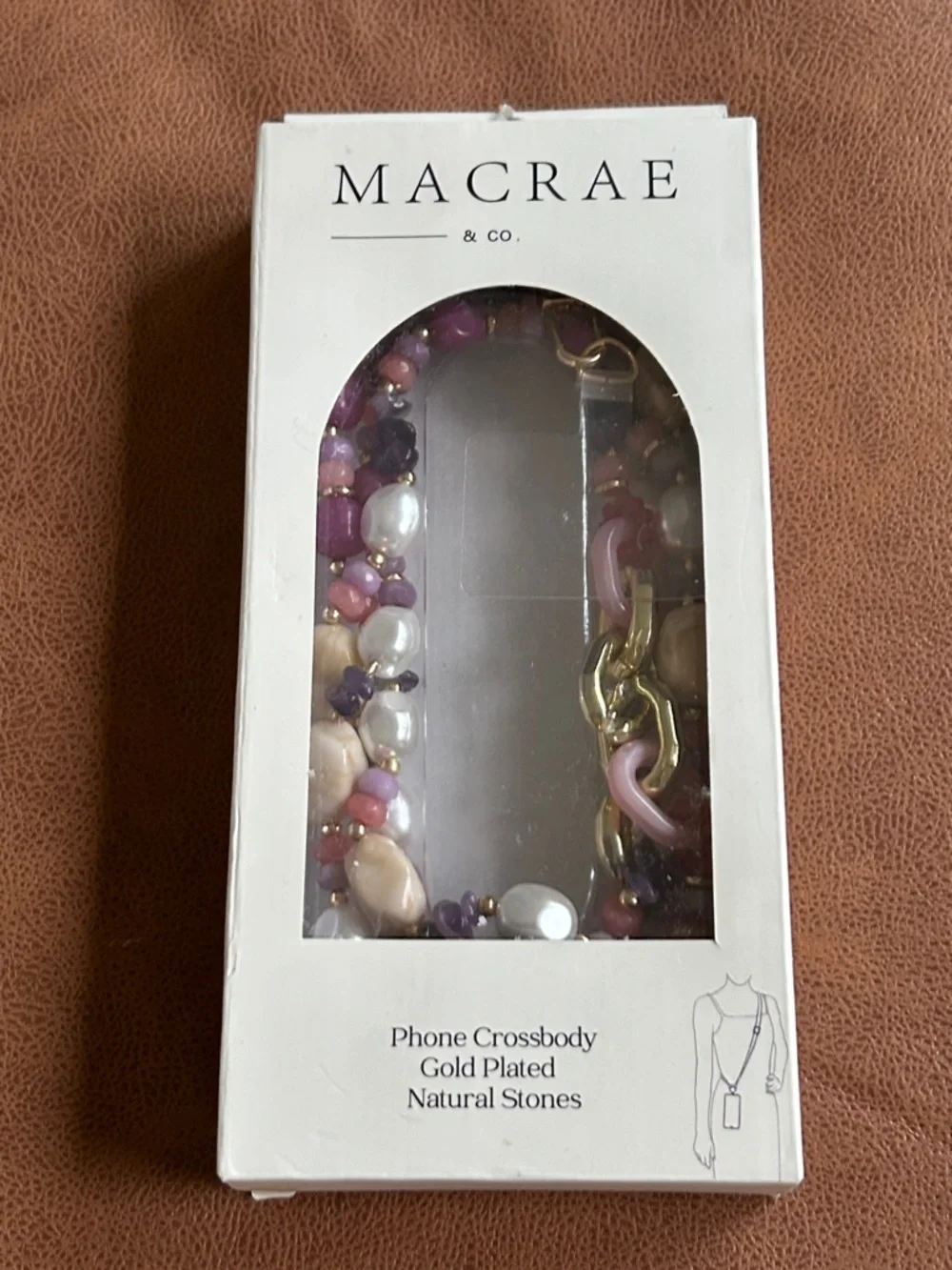 MACRAE & CO. Phone Crossbody Chain Gold Plate Natural Stone Universal Purple NIB